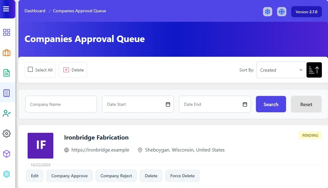 Companies Approval Queue with a pending company and its Edit, Company Approve, Company Reject, Delete and Force Delete buttons
