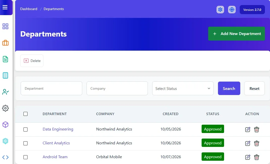 Departments list showing three departments with their company, created date, status and edit and delete icons