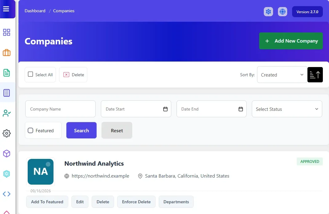 Companies list with the search filters and one company row with its action buttons