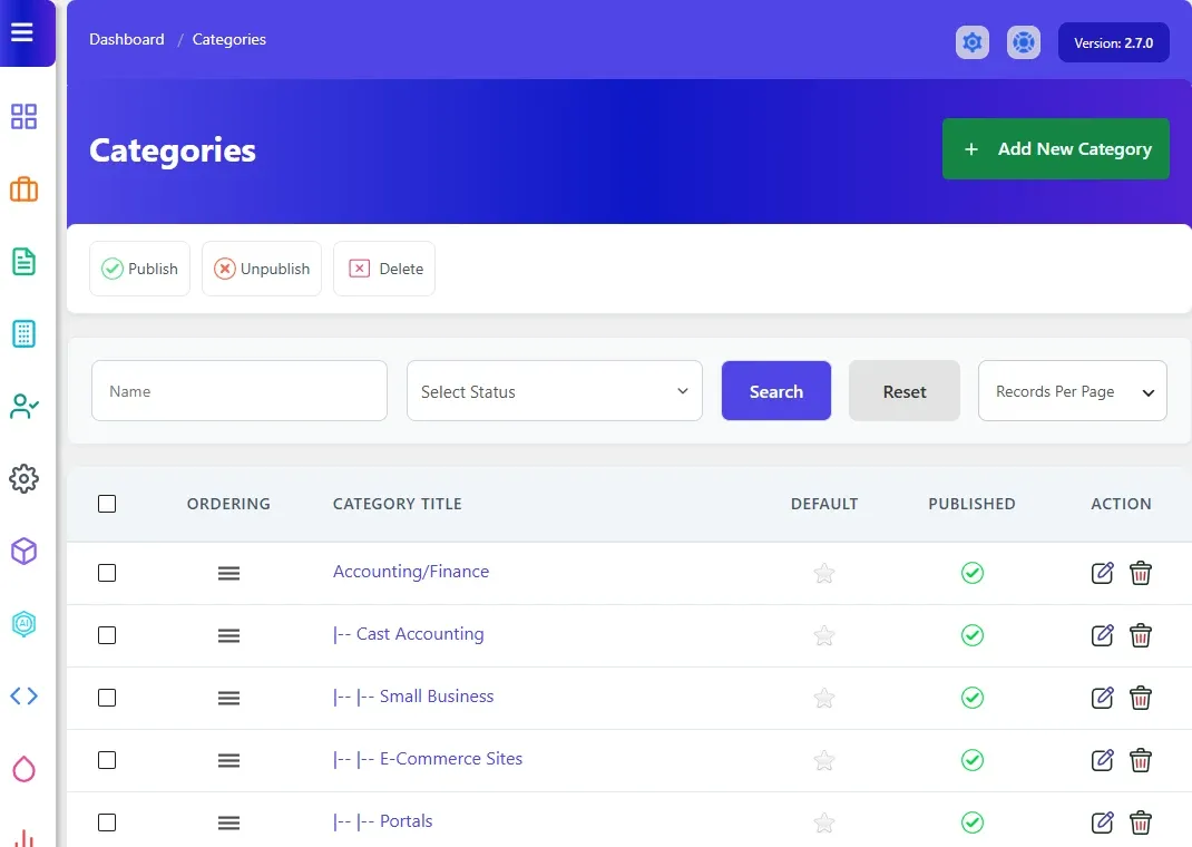 The Categories list in WP Job Portal, with Default and Published columns and the Add New Category button