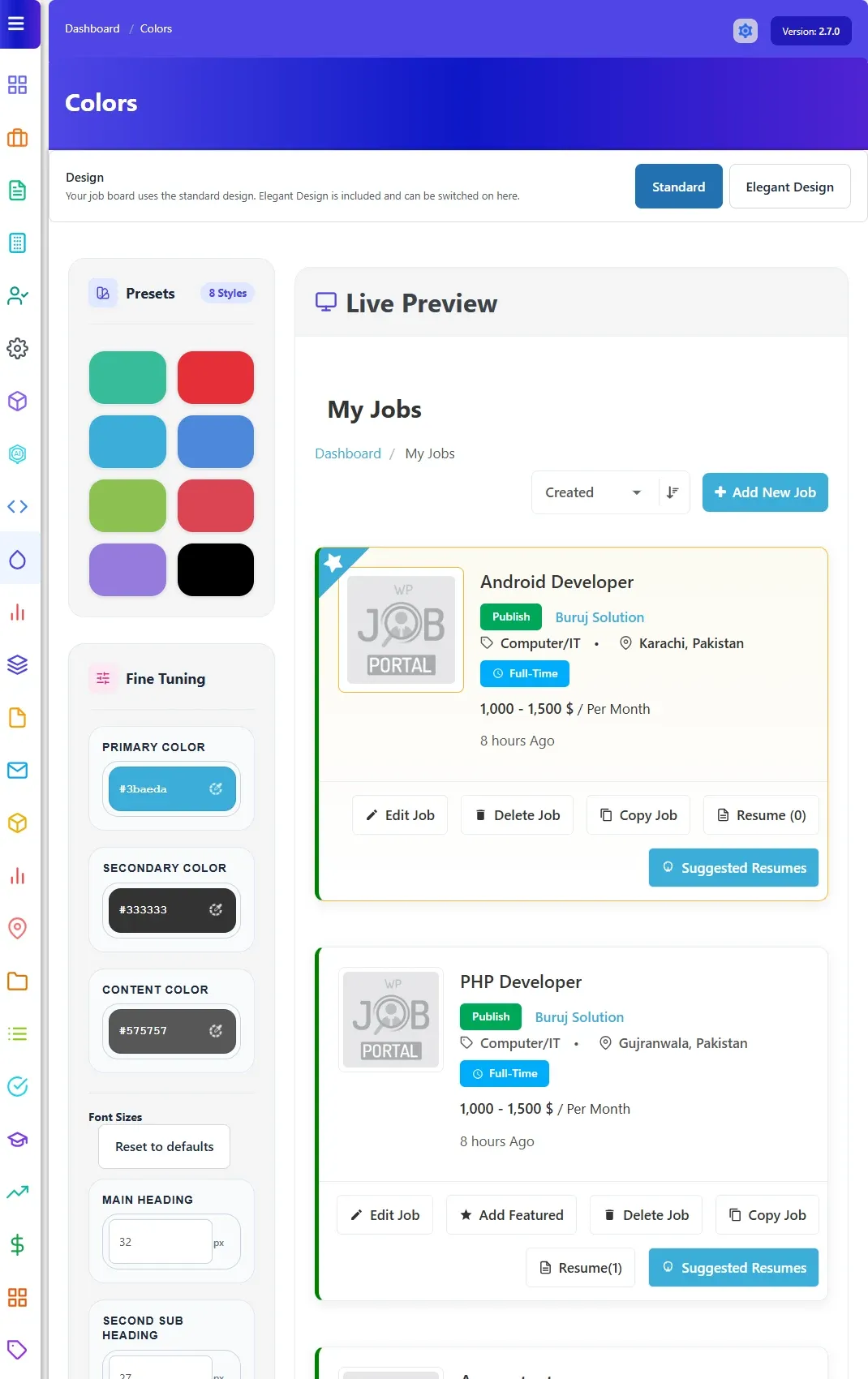 The Colors screen with the colour presets, Fine Tuning colours, Font Sizes and the Live Preview