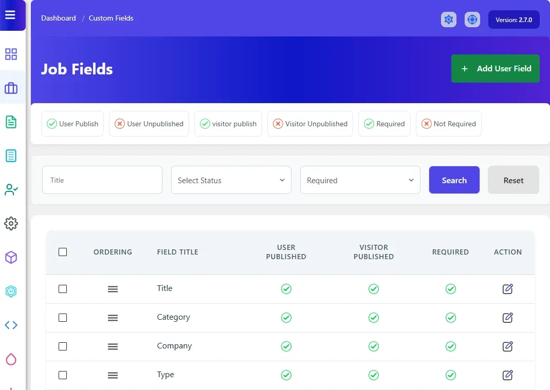 The Job Fields list with the ordering handles and the User Published, Visitor Published and Required columns