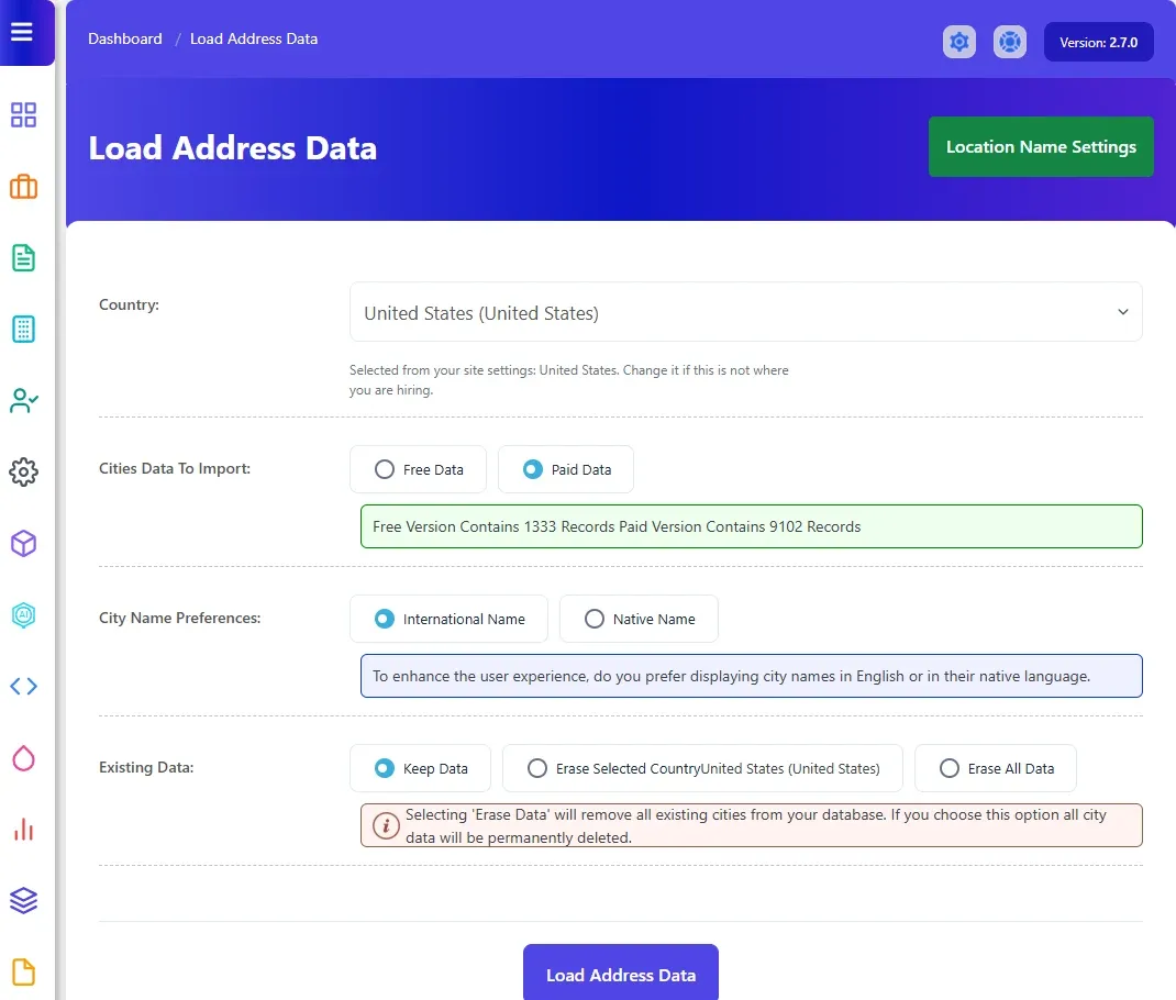 The Load Address Data form with Country, Cities Data To Import, City Name Preferences and Existing Data options