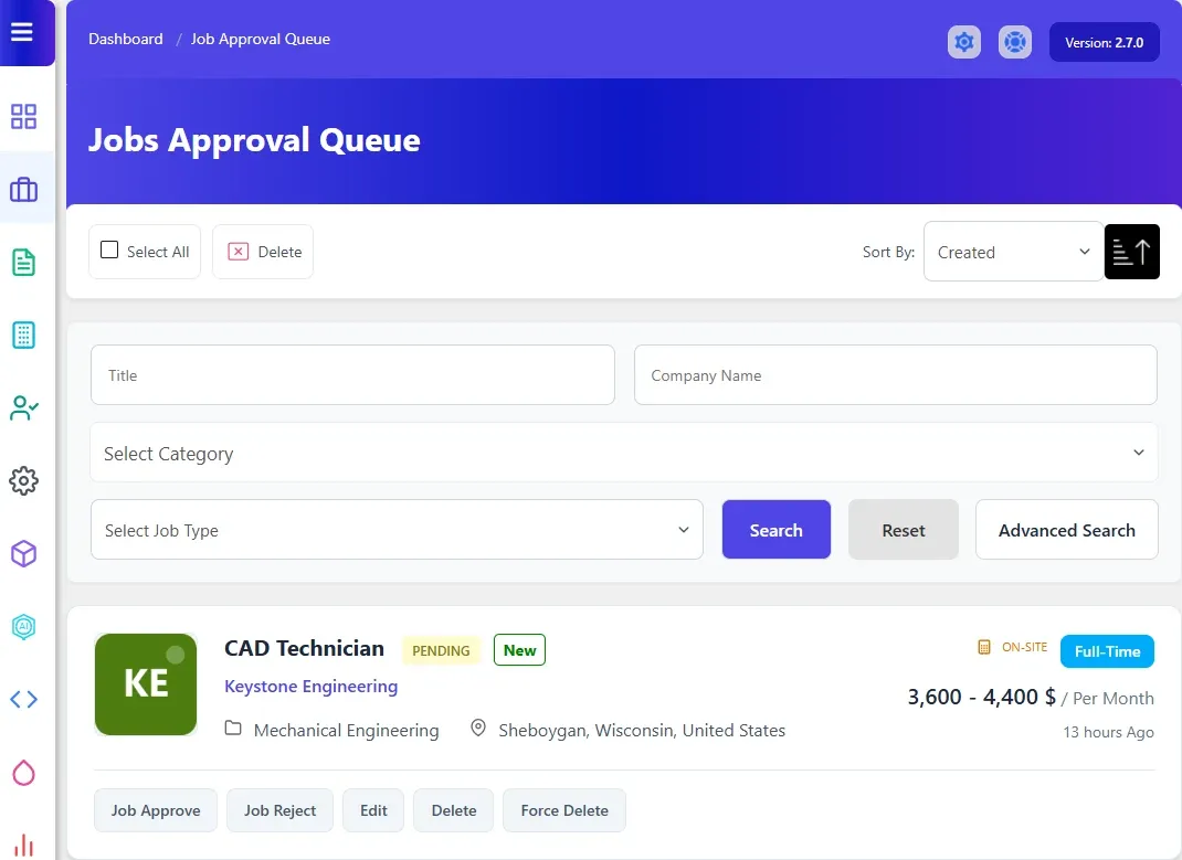 Jobs Approval Queue with a pending job and its Job Approve and Job Reject buttons