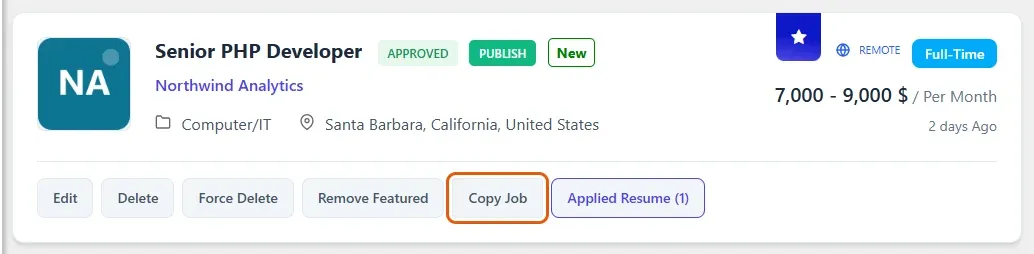 A job row in the Jobs list with the Copy Job button highlighted