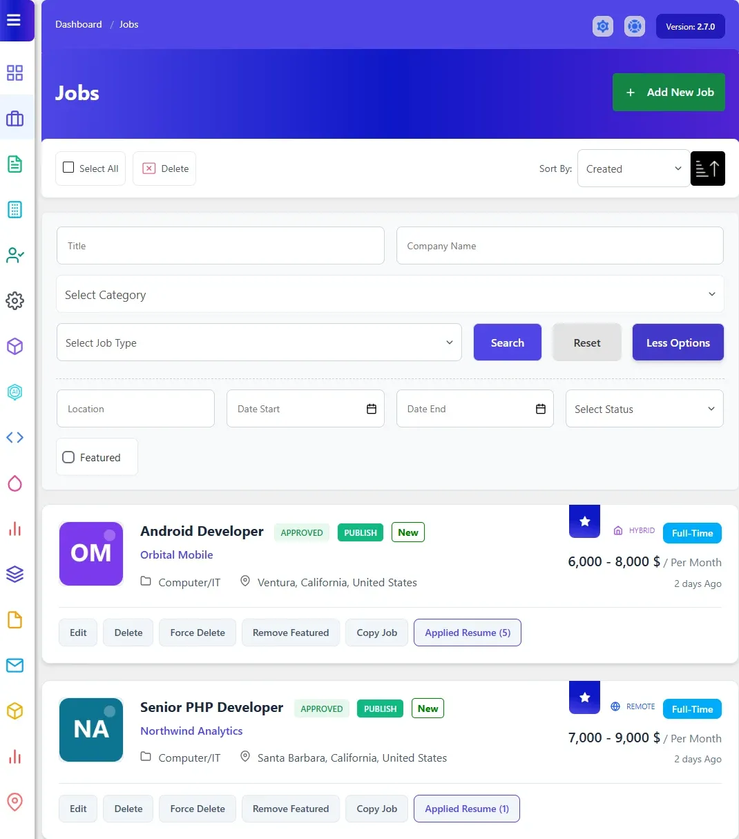 Jobs list with the advanced search filters open and two job rows with their action buttons