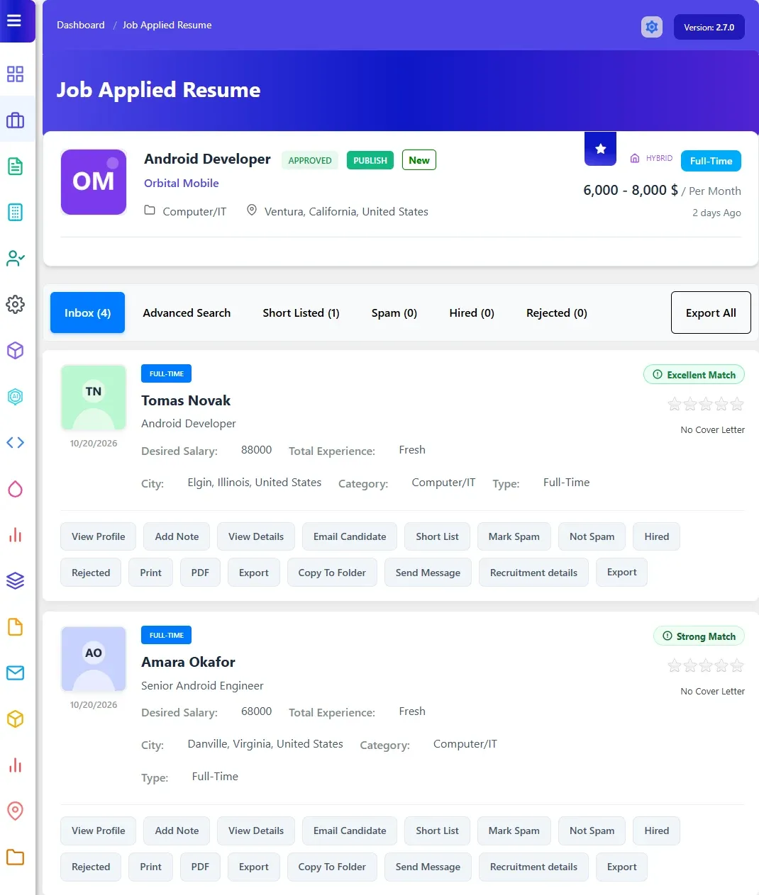 Job Applied Resume page for the Android Developer job, with the job summary, the application tabs and two applicants with their action buttons
