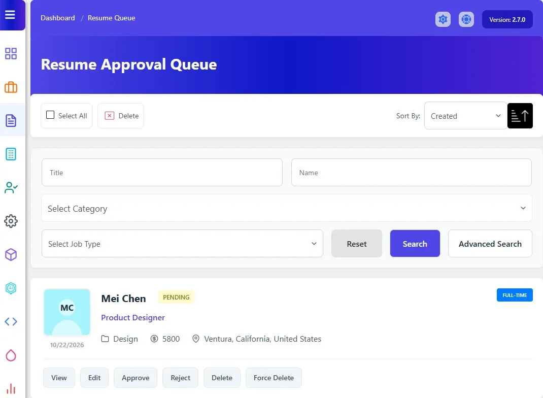 Resume Approval Queue with a pending resume and its View, Edit, Approve and Reject buttons