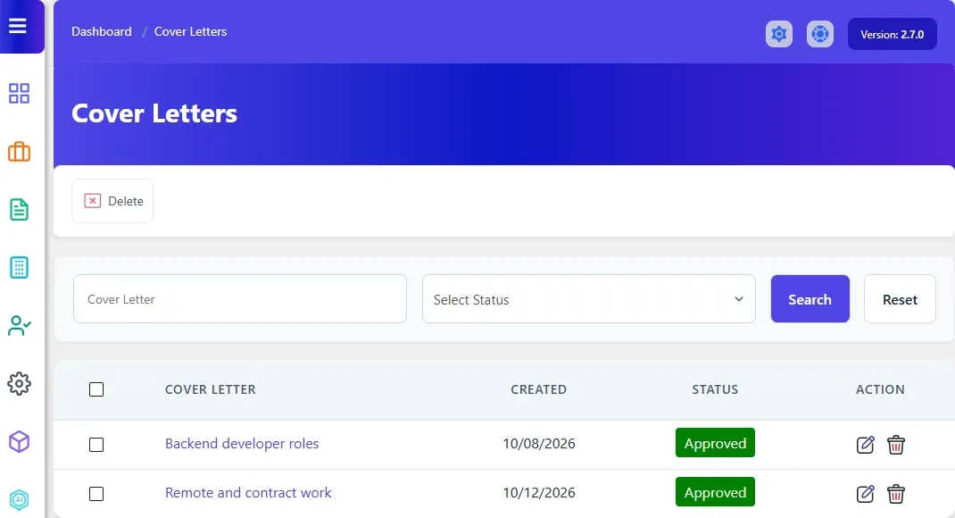 Cover Letters list with two cover letters, their created date, status and edit and delete icons