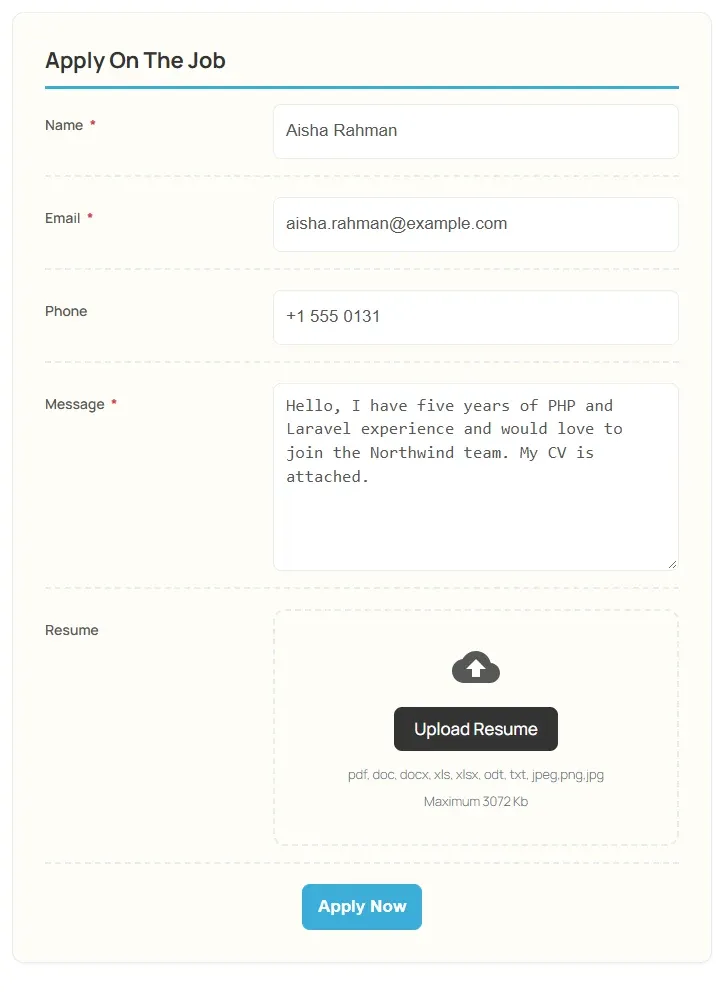 Quick Apply form on a job page, titled Apply On The Job, with Name, Email, Phone and Message filled in and a Resume upload