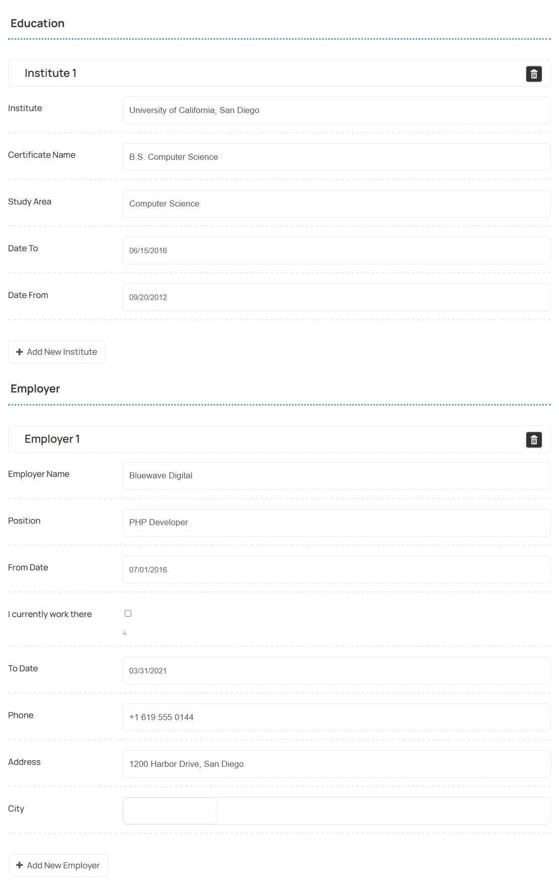 Education and Employer sections of the resume form, each with one entry filled in