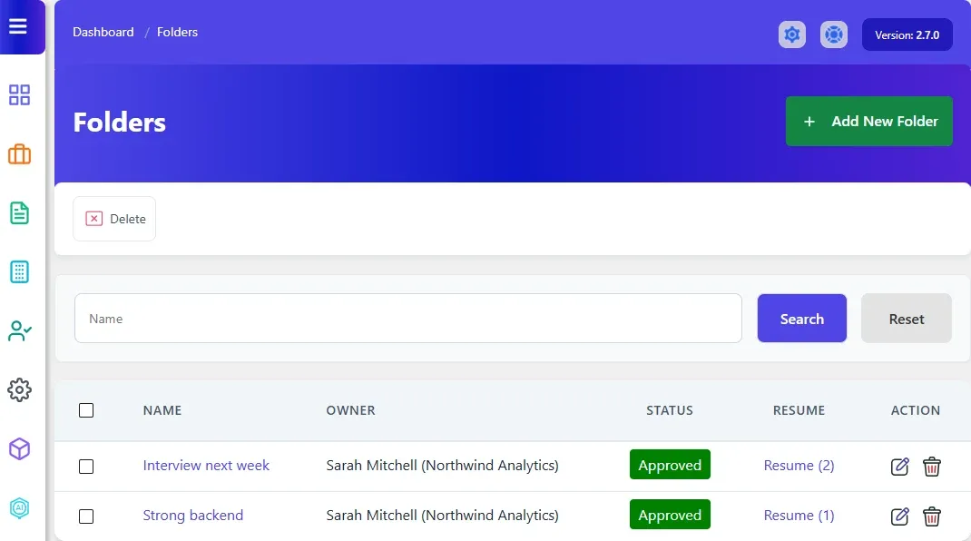 Folders list with two folders, their owner and company, status and resume count