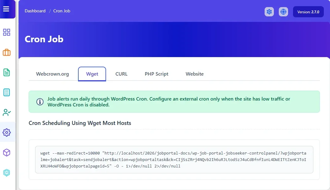The Cron Job screen with the Wget tab open, showing the wget command to run