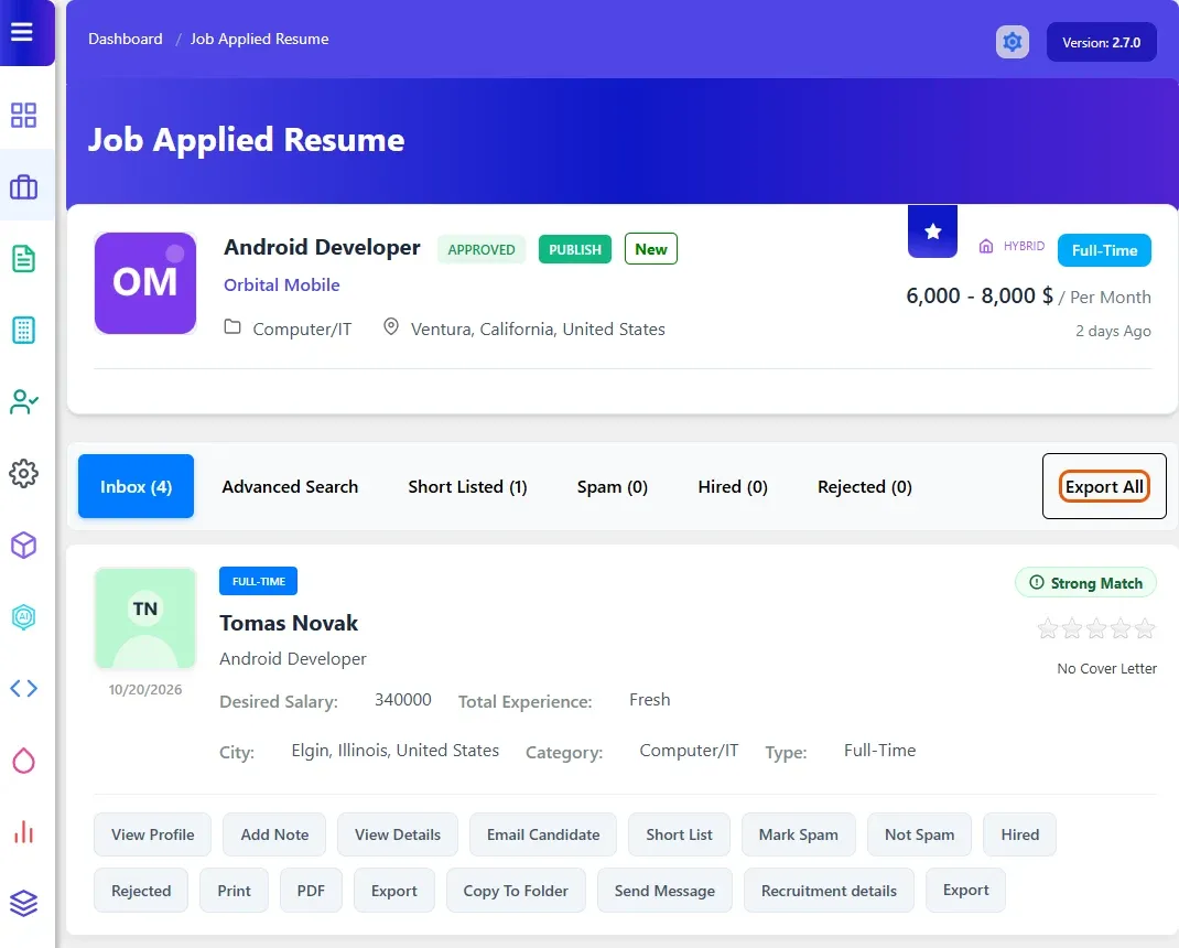 The Job Applied Resume screen with the Export All button and an Export button on an applicant