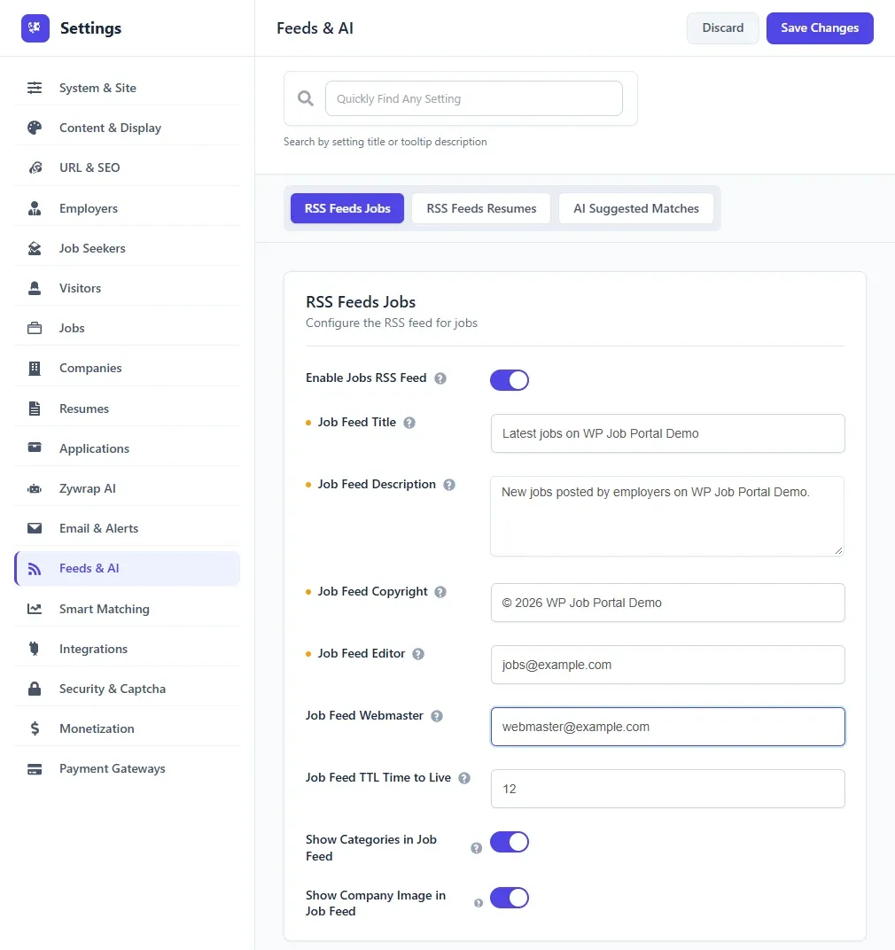 The Feeds & AI settings tab with the RSS Feeds Jobs group filled in with example values
