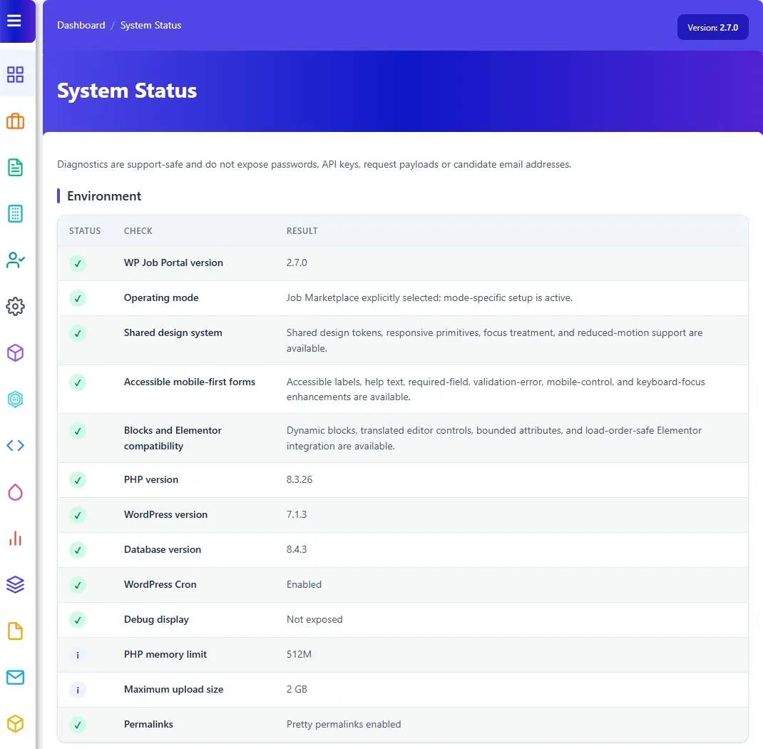 System Status, Environment table with passed checks and two information rows