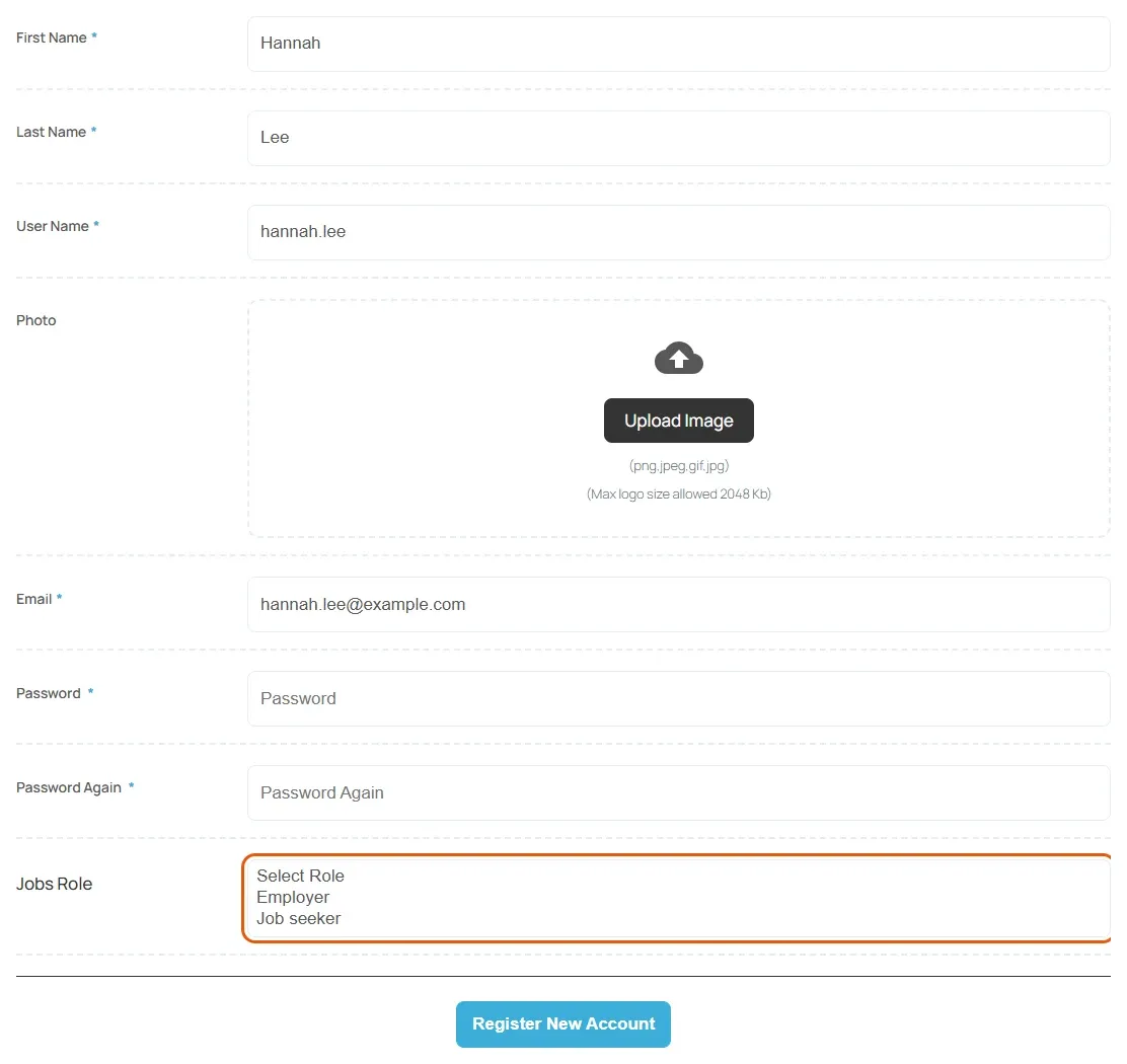 The registration form with the Jobs Role list showing Employer and Job seeker