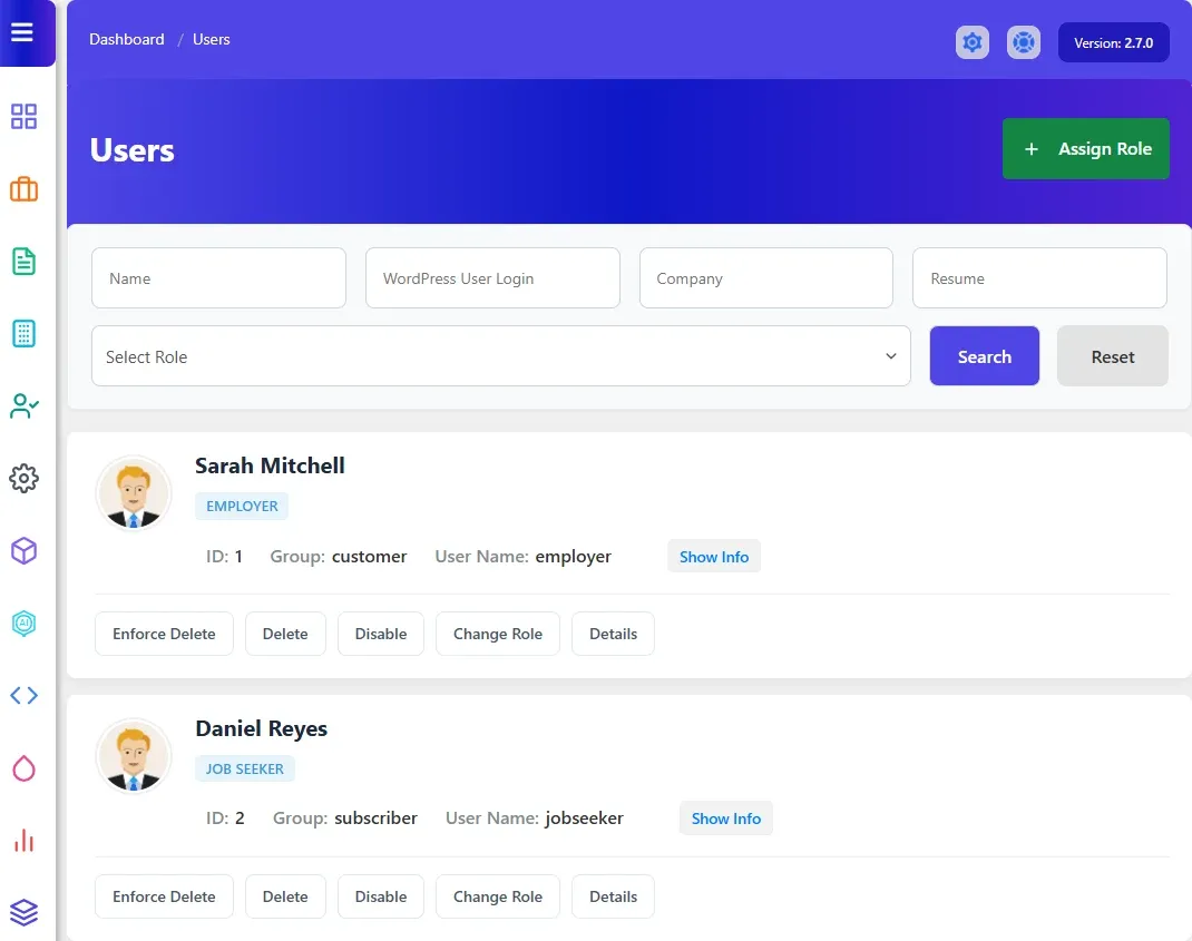 The Users list with the filter bar, an employer card for Sarah Mitchell and a job seeker card for Daniel Reyes
