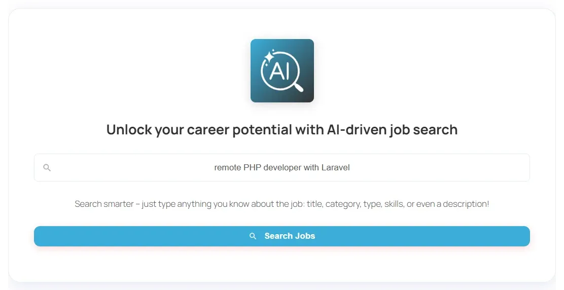 Job search page with the AI search box, headed Unlock your career potential with AI-driven job search, and a search typed in