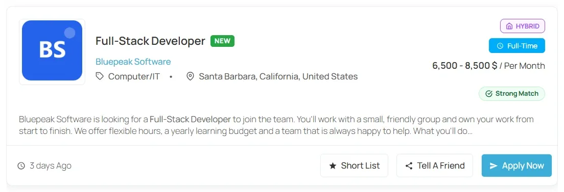 Android Developer job card in the job list with a Strong Match badge, as seen by job seeker Tomas Novak