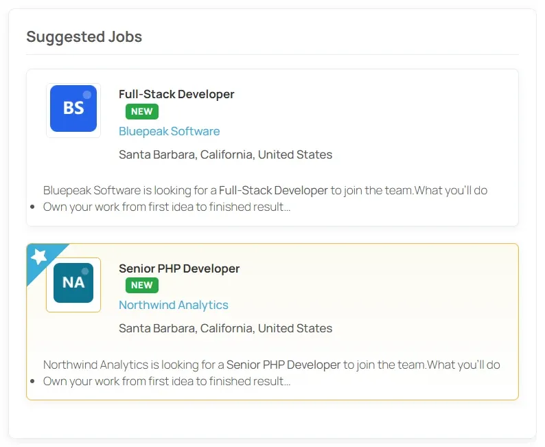 Suggested Jobs section on the job seeker dashboard, listing jobs picked from the job seeker’s resumes
