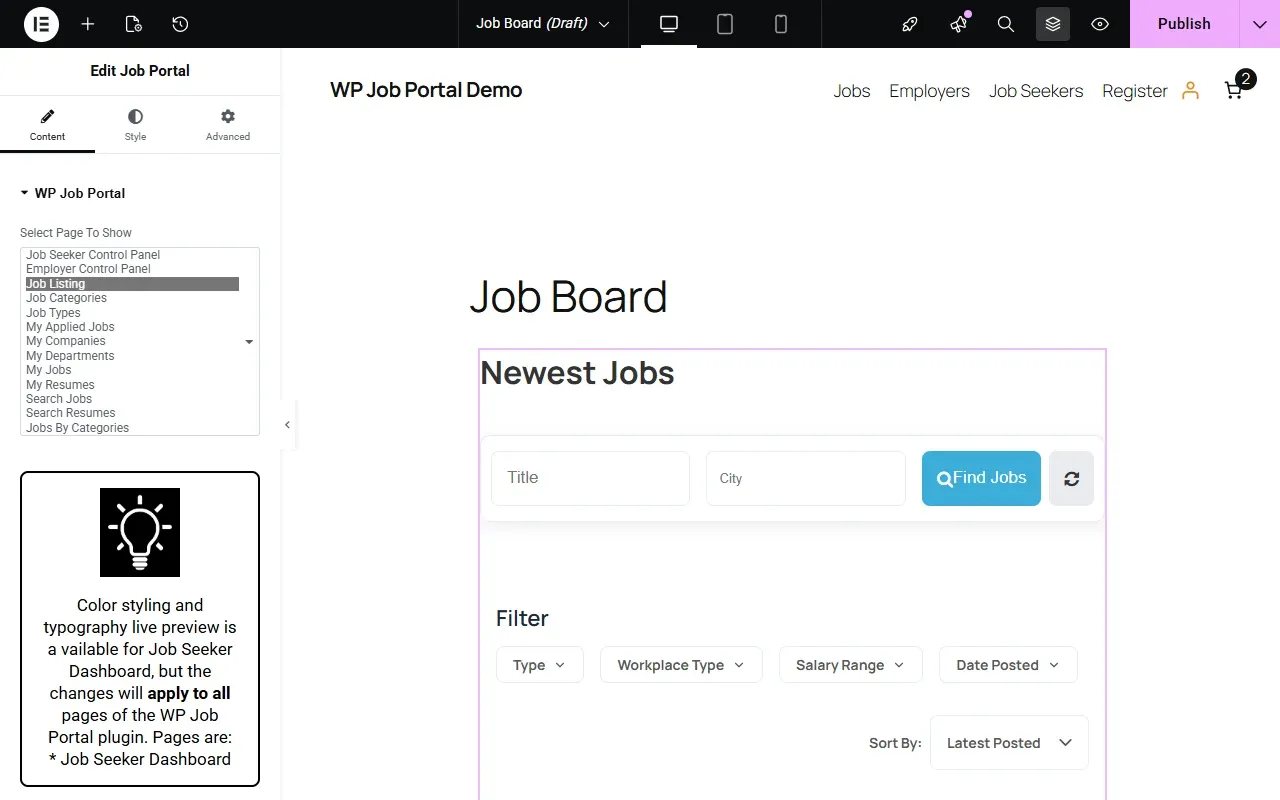 The Elementor editor with the Job Portal widget selected and its Select Page To Show list open, Job Listing chosen, and the job listing previewed on the page