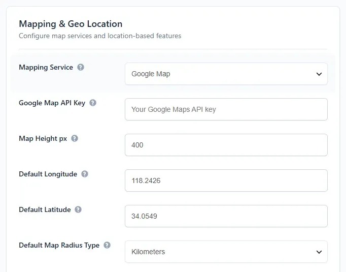 The Mapping & Geo Location settings on the Integrations tab: Mapping Service, Google Map API Key, Map Height px, Default Longitude, Default Latitude and Default Map Radius Type