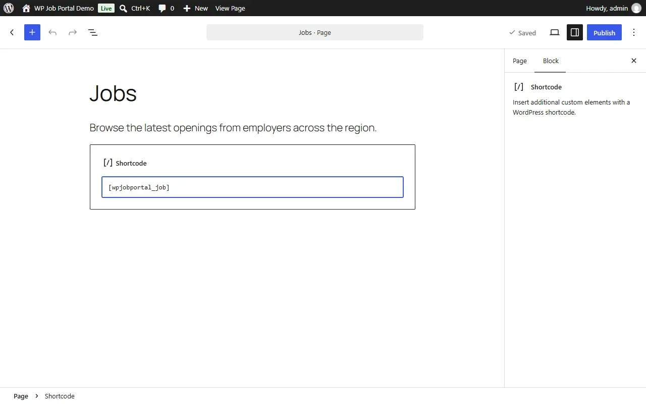 The block editor with a Jobs page whose Shortcode block holds wpjobportal_job