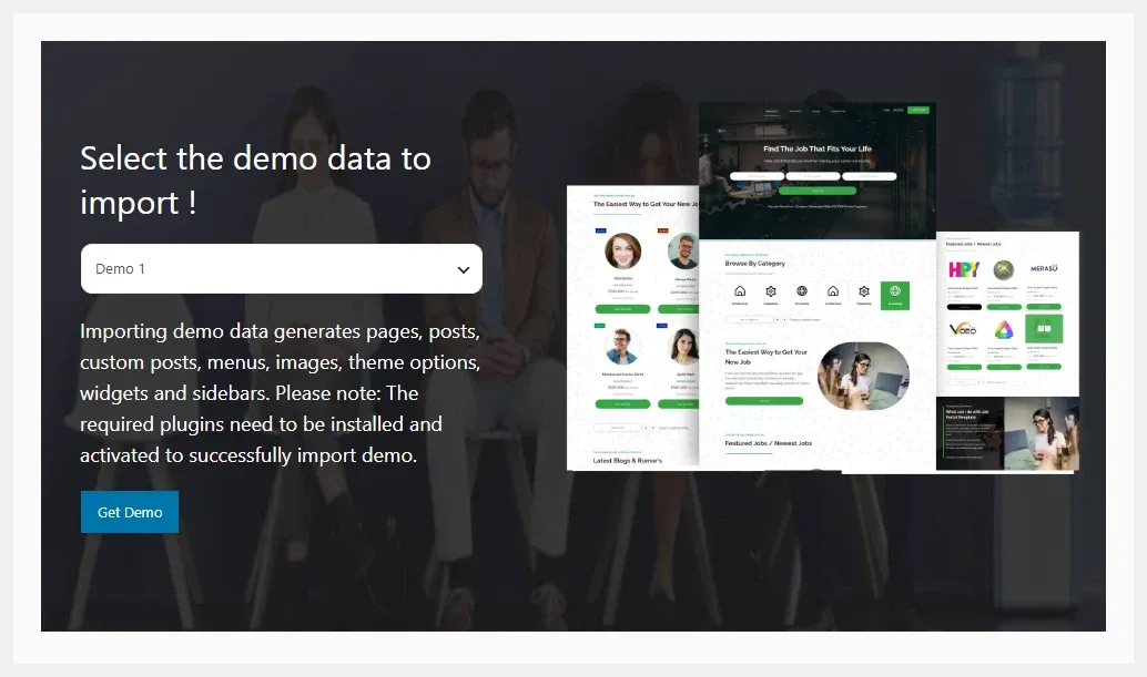 The demo importer with a demo chosen in Select demo, its preview image and the Get Demo button