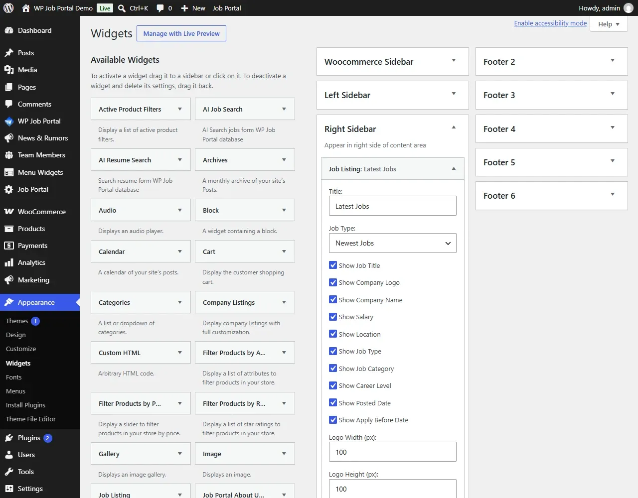 Appearance → Widgets: the available widgets on the left, and the Job Listing widget open in the Right Sidebar with its title, job type and display options