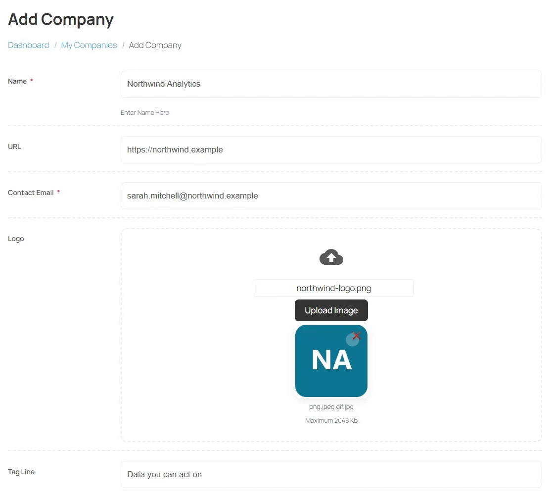 The Add Company form with the company name, website, contact email and an uploaded logo filled in