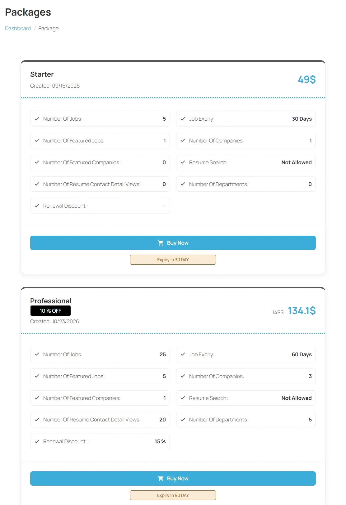 The Packages page listing the Starter and Professional packages, each with its price, what it includes, a Buy Now button and how long it lasts