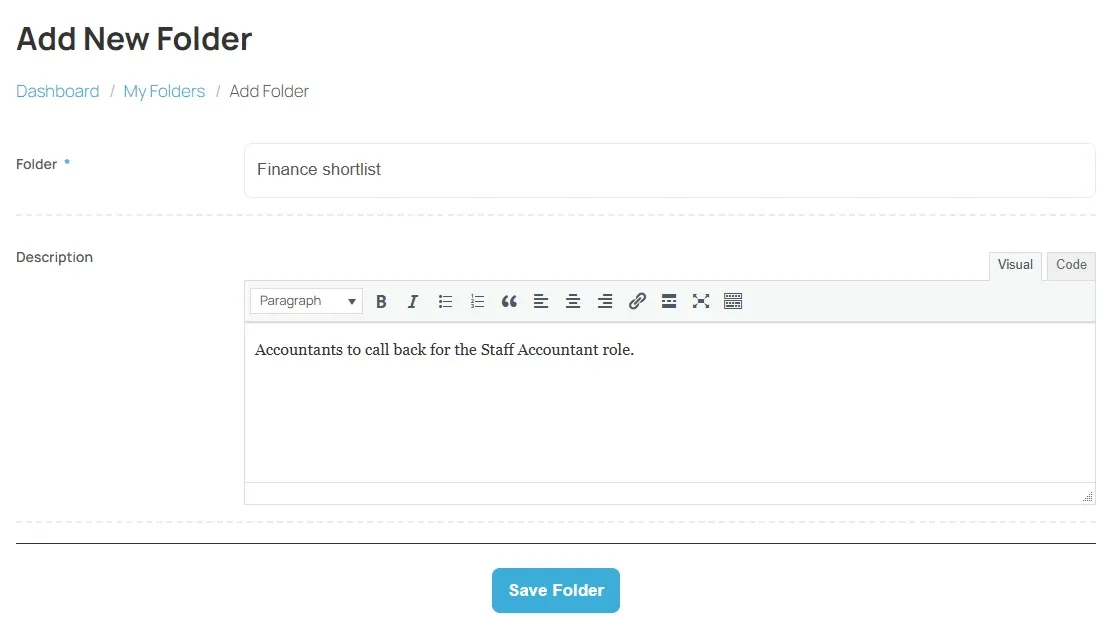 The Add Folder form with a folder name and a short description typed in