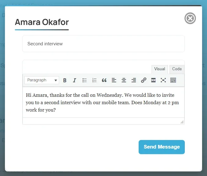 The Send Message popup for Amara Okafor with a message subject and a short message typed in