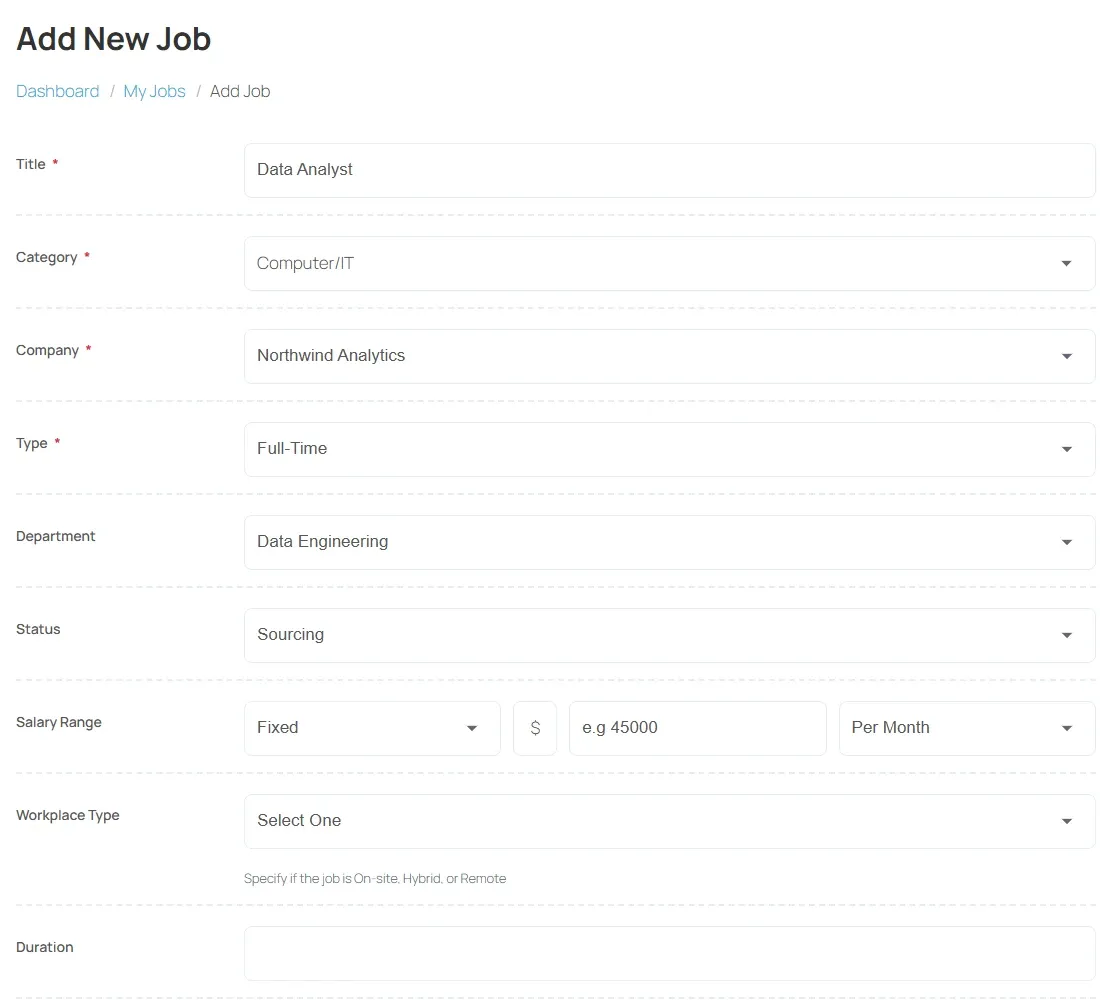 The top half of the Add New Job form with Title, Category, Company, Type and Department filled in