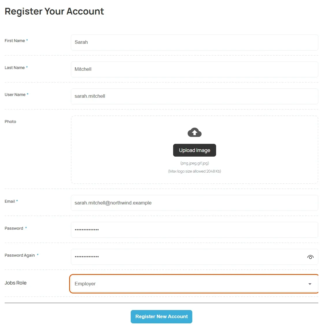 The Register Your Account form filled in, with Jobs Role set to Employer
