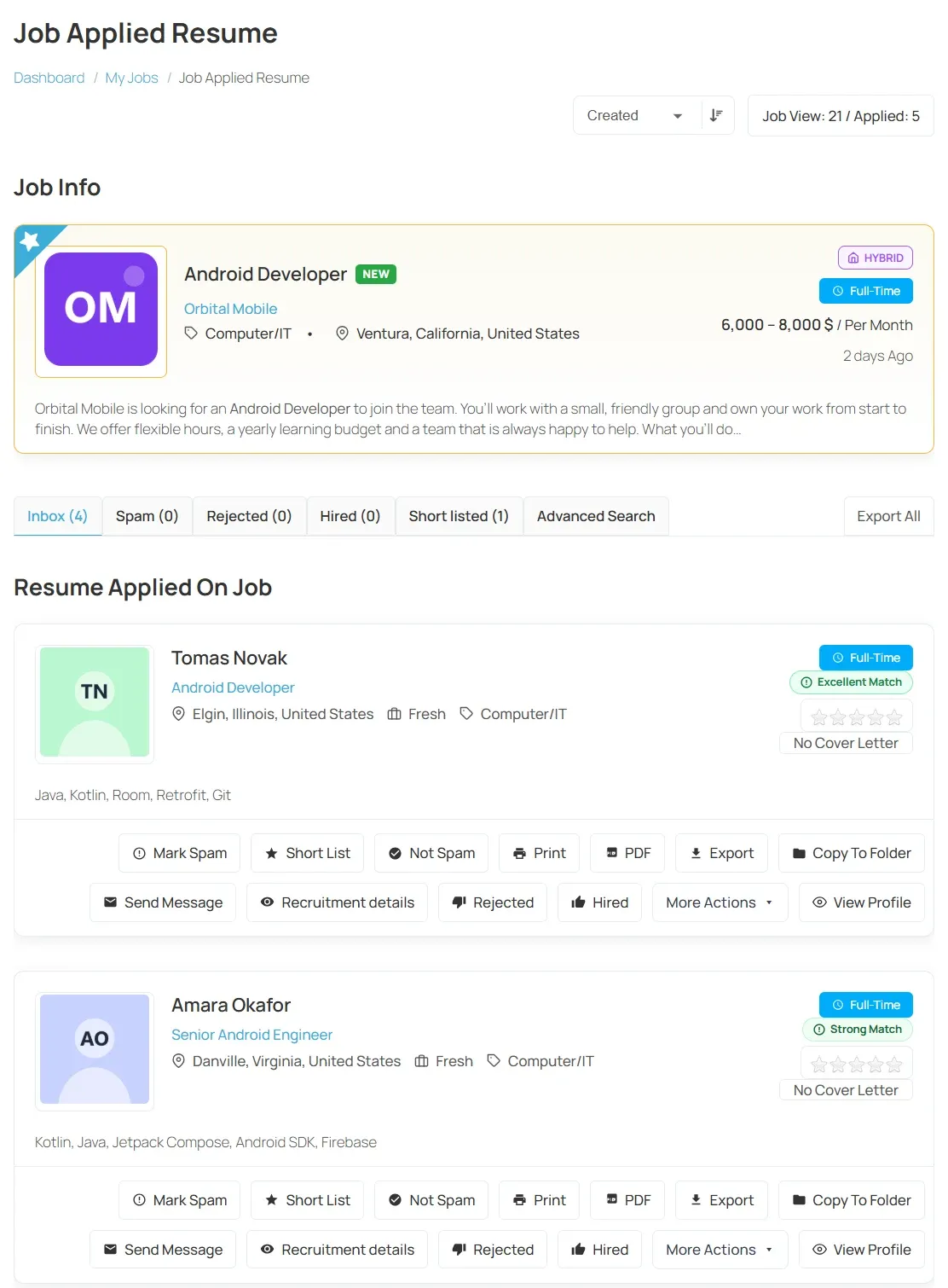 The Job Applied Resume page for the Android Developer job: Job Info at the top, the Inbox and other tabs, and the first two applicants with their action buttons