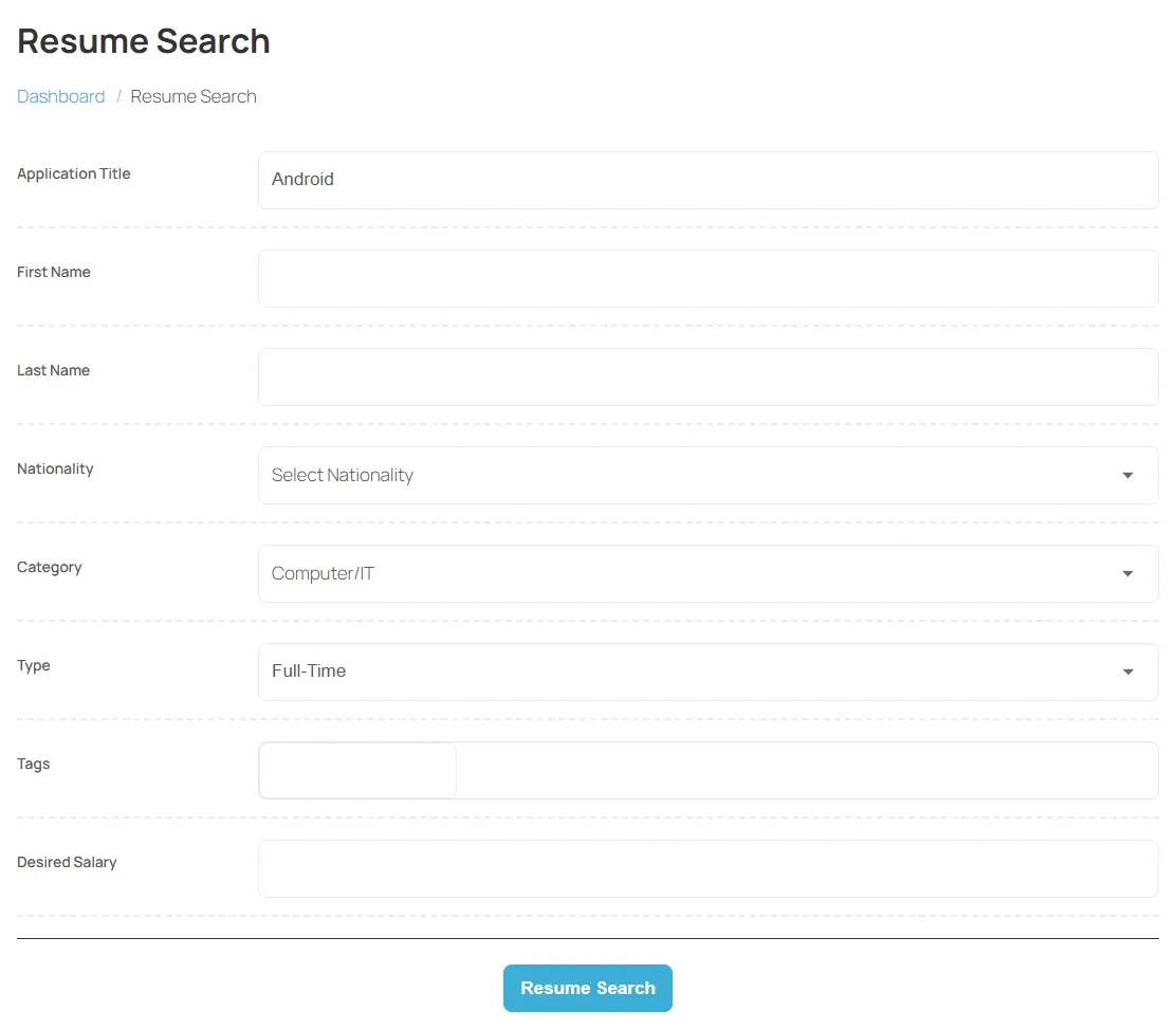The Resume Search form with Application Title, Category and Type filled in