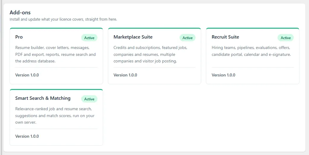The Add-ons section of the Licences and add-ons screen, with cards for Pro, Marketplace Suite, Recruit Suite and Smart Search & Matching, each marked Active