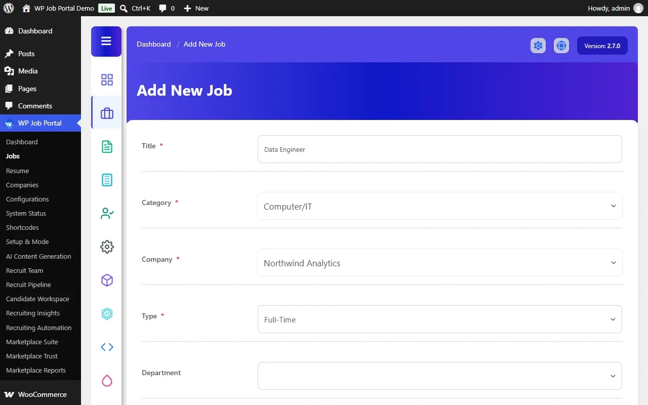 The top of the Add New Job form, with the title Data Engineer, the category Computer/IT and the company Northwind Analytics