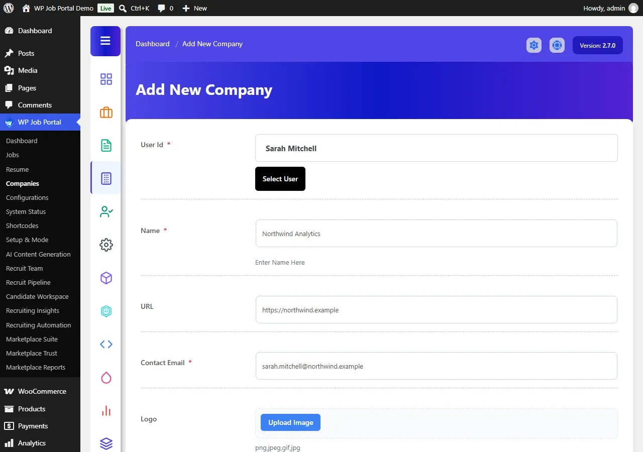 The top half of the Add New Company form in the admin, with the owner, company name, website and contact email filled in