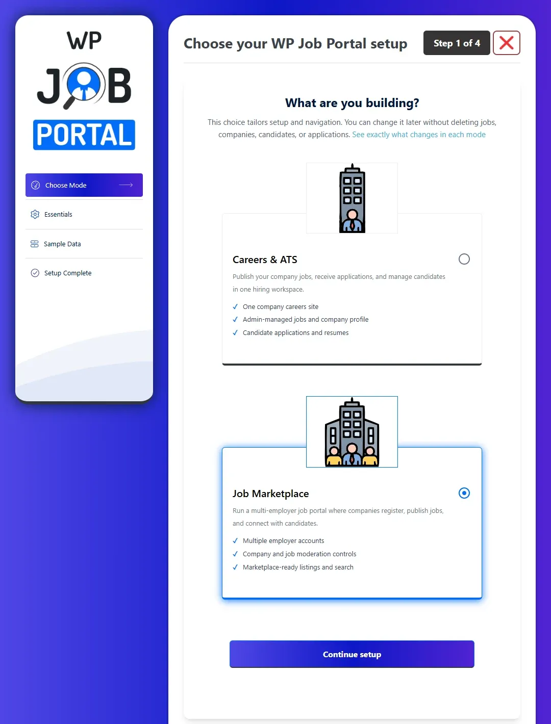 Step 1 of the setup wizard, What are you building?, with the Careers & ATS and Job Marketplace cards and the Continue setup button