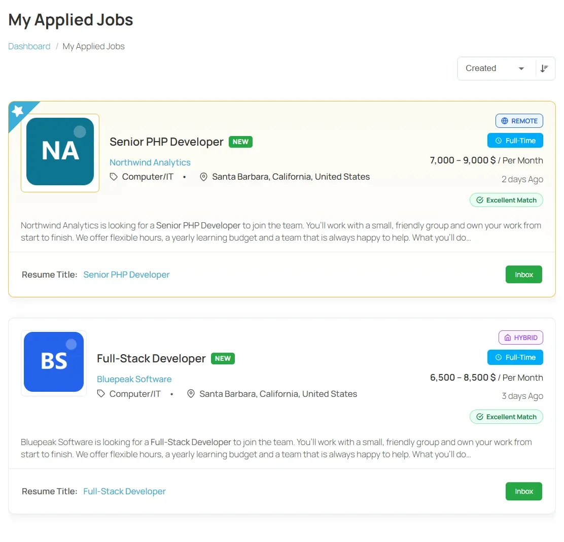 My Applied Jobs page with the sort list and two applications, each showing the resume sent and its Inbox status