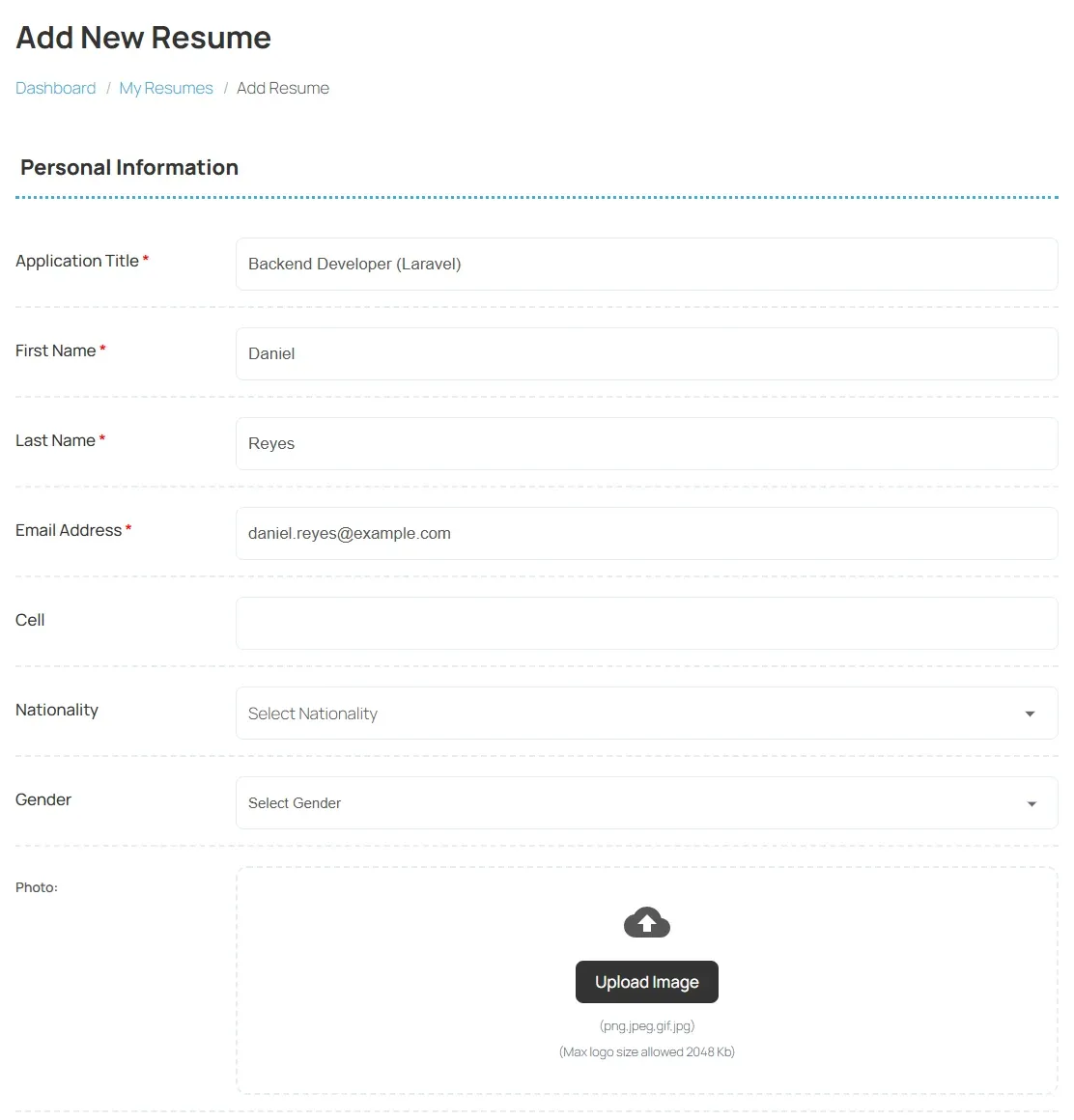 The Add New Resume form, Personal Information section, with an application title and the name and email from the account