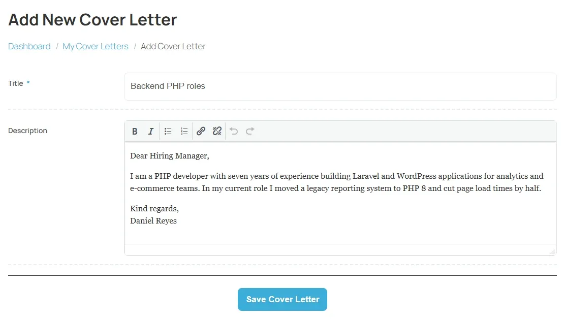 The Add New Cover Letter form with a title and the letter text filled in