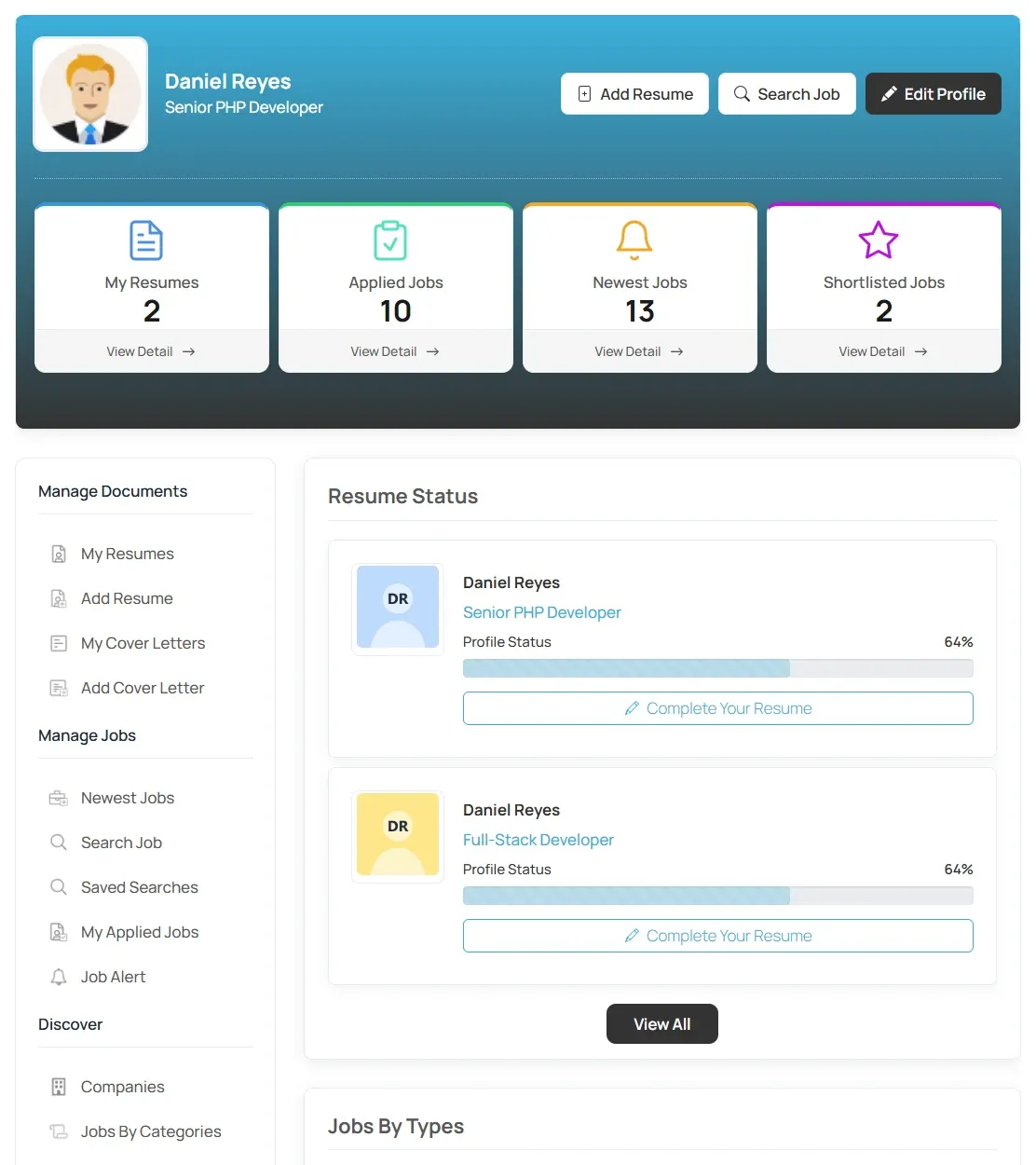 The job seeker dashboard: profile with Add Resume, Search Job and Edit Profile buttons, four count boxes, and the Short Links menu on the left