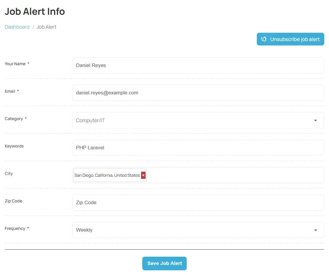 The Job Alert Info form with Category, City and Frequency filled in