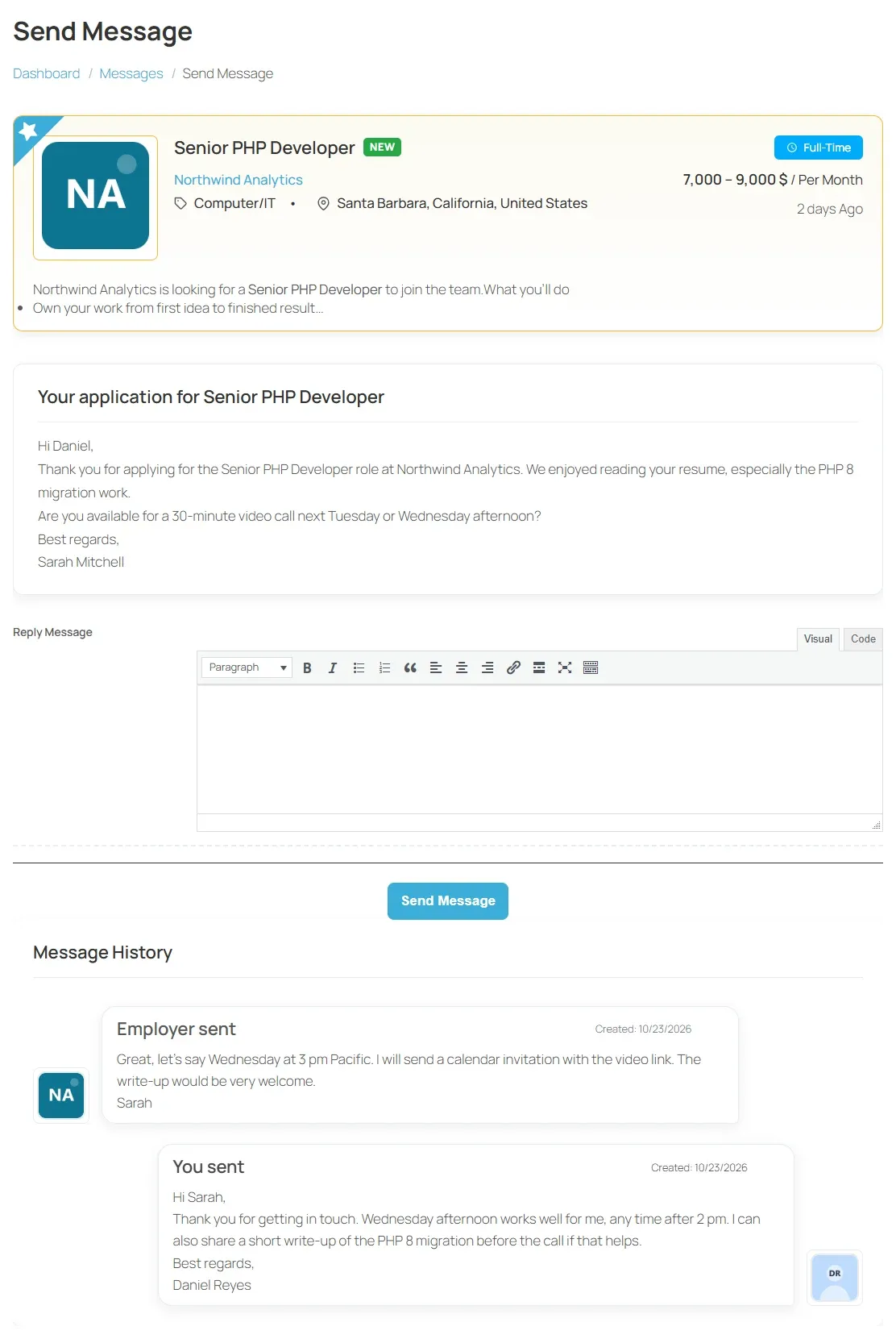 A conversation: the job at the top, the first message, the Reply Message box with Send Message, and the Message History