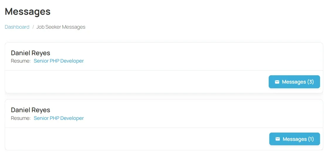 The Messages page with two conversations, each with a Messages button showing how many messages it has