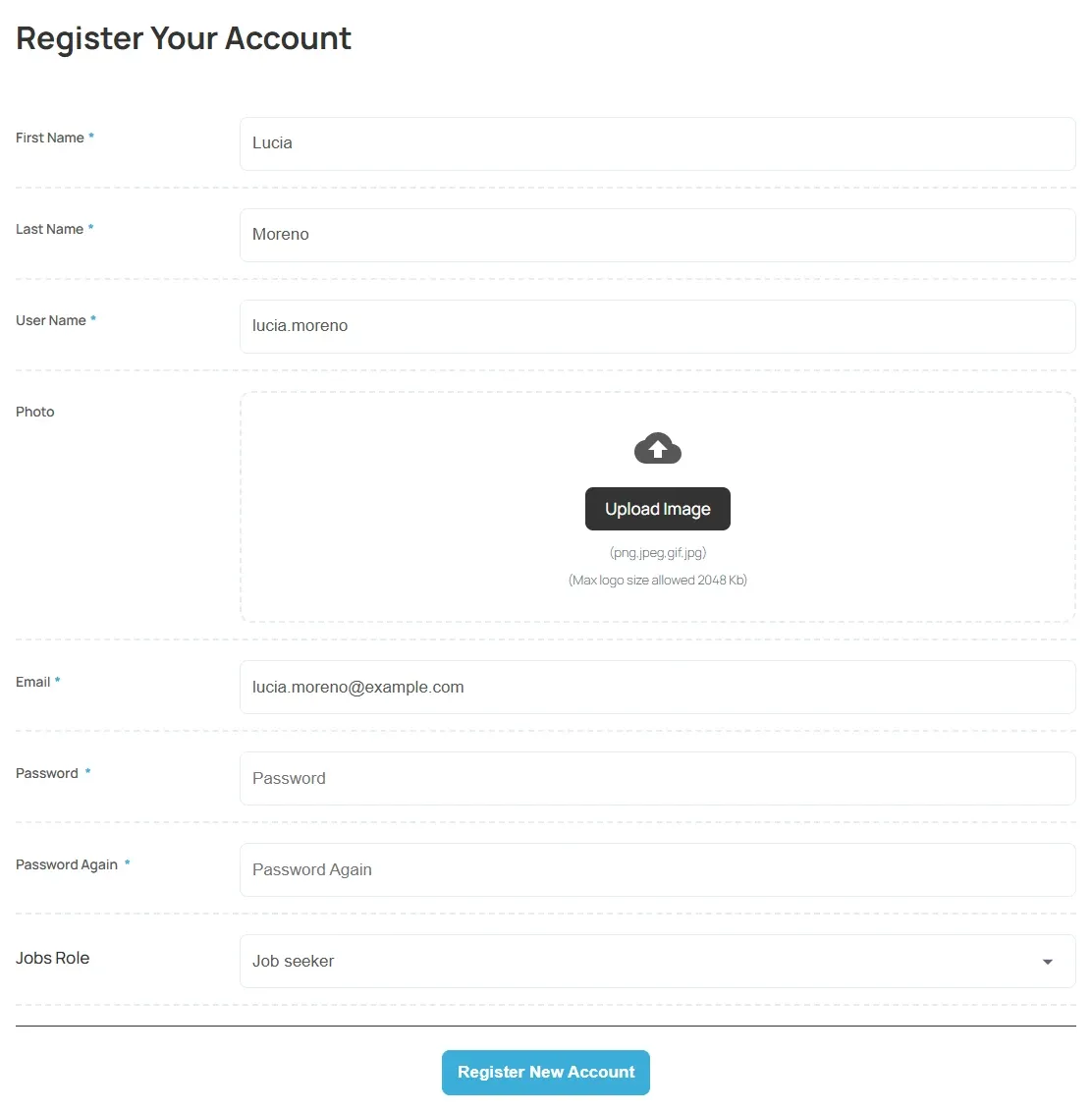 The Register Your Account form with Jobs Role set to Job seeker